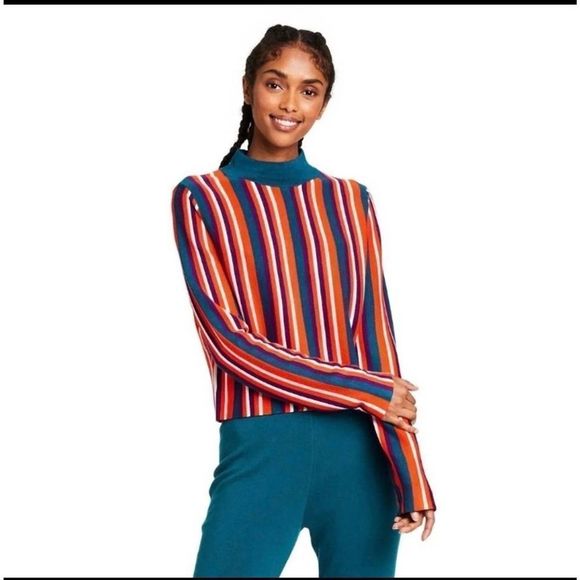Victor Glemaud x Target Teal Striped Mock Turtleneck Multi Pullover Swea… - Picture 2 of 3